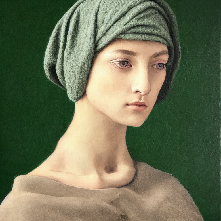 Portrait of person with pale skin, green turban, beige top on green background