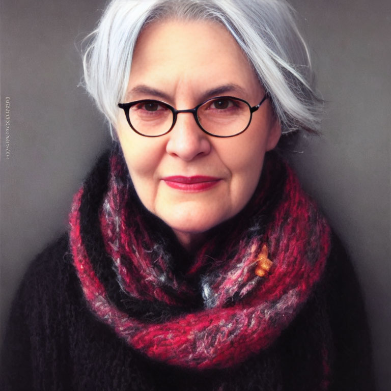 Elderly Woman Portrait with Grey Hair, Glasses, Black Top, and Colorful Scarf
