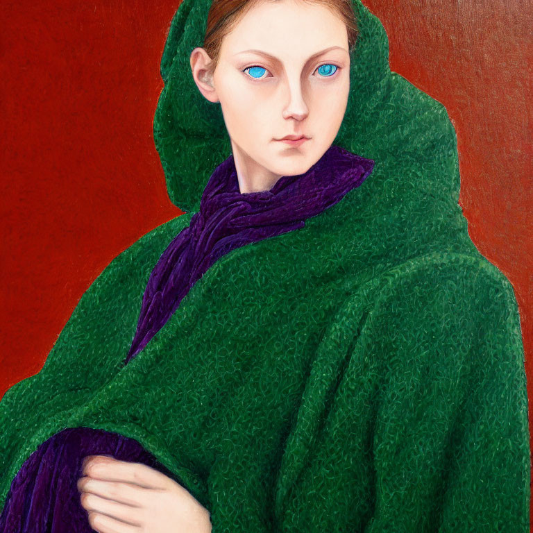 Portrait of a person with blue eyes in green cloak and purple scarf on red background