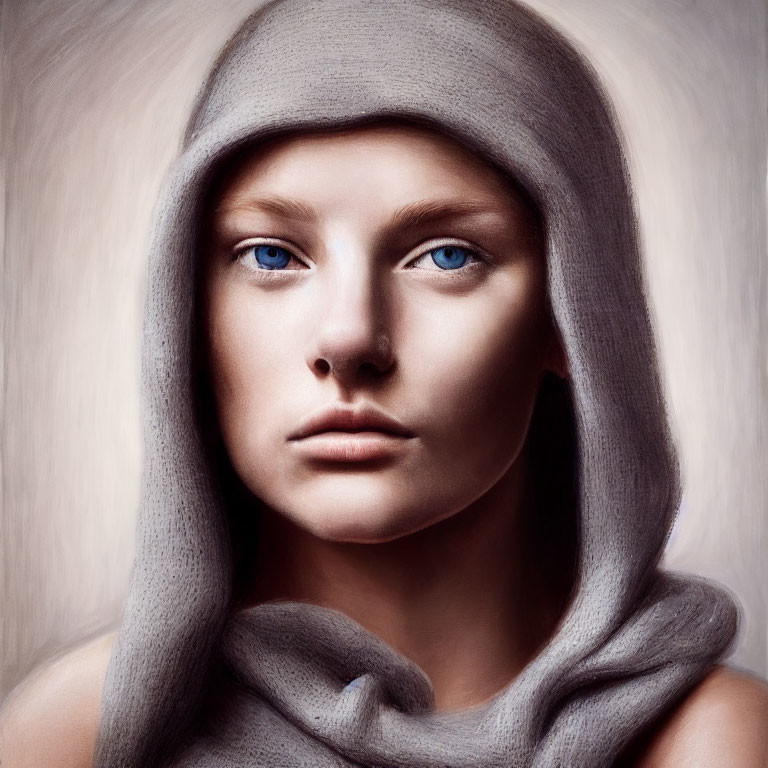 Portrait of Woman with Striking Blue Eyes in Gray Hooded Garment