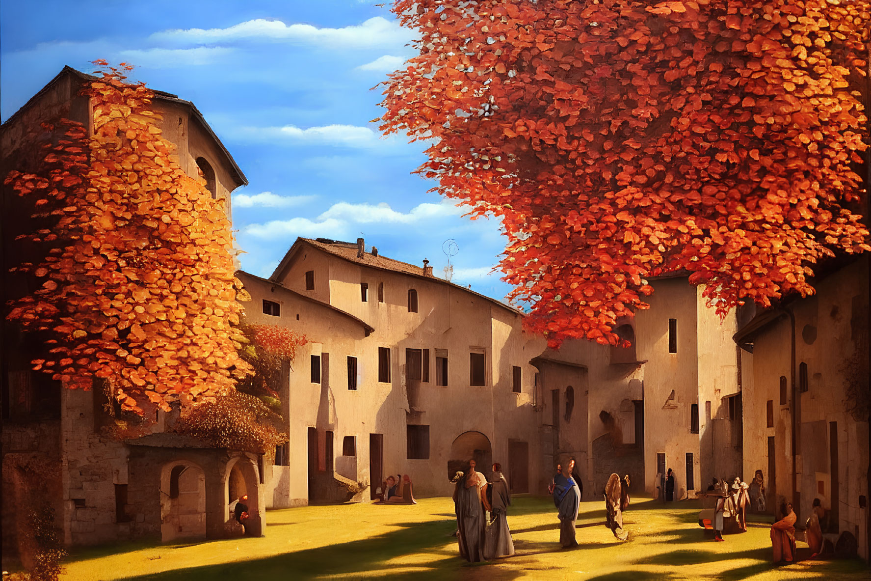 Medieval village scene with people in period clothing under autumn tree