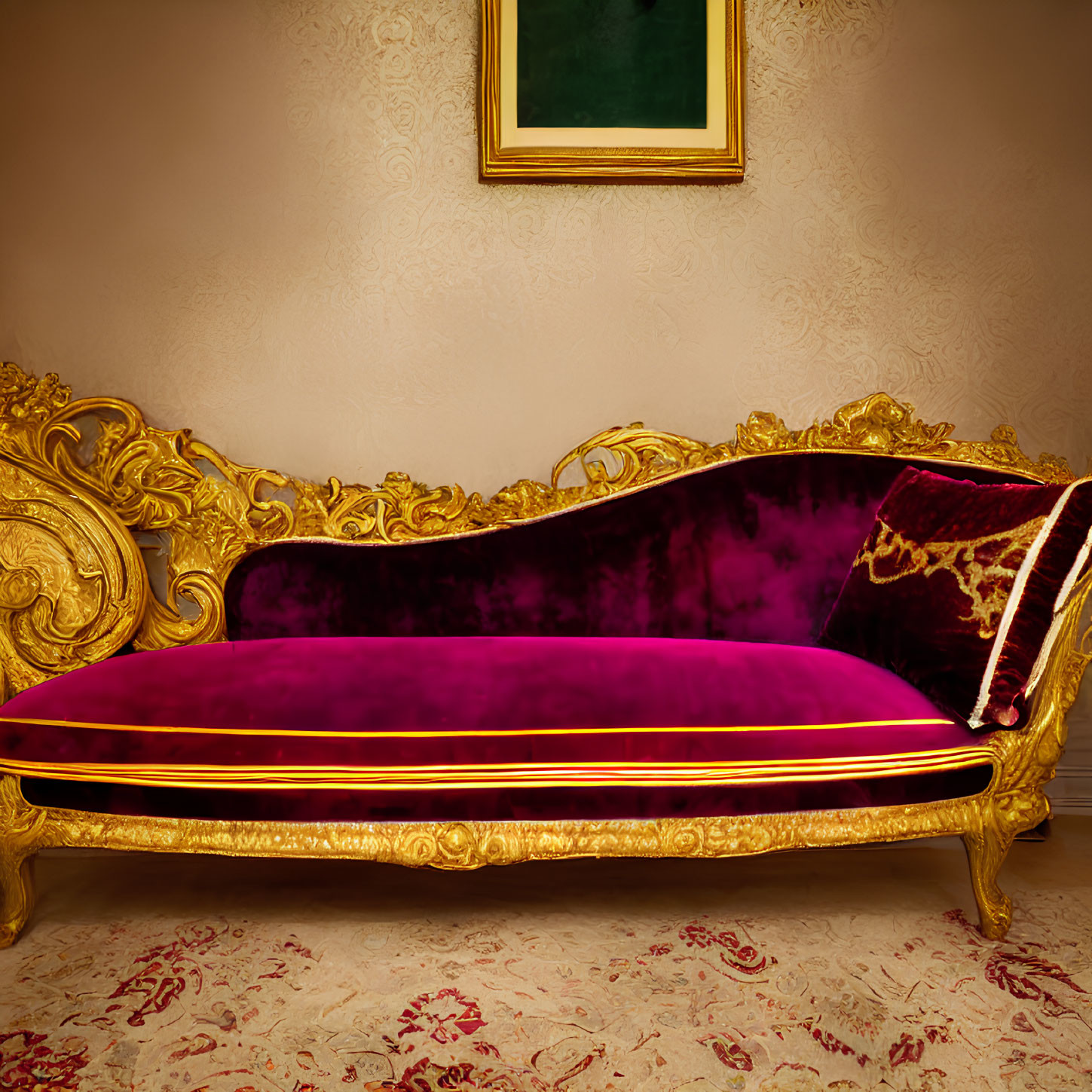 Luxurious Golden Chaise Lounge with Purple Velvet Upholstery in Elegant Room