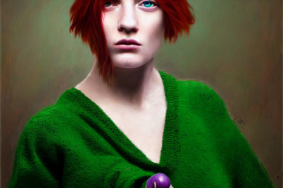 Person with Red Hair and Blue Eyes Holding Purple Object in Green Sweater
