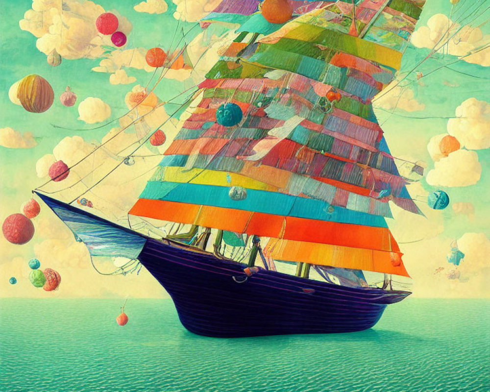 Whimsical painting of colorful ship on calm seas