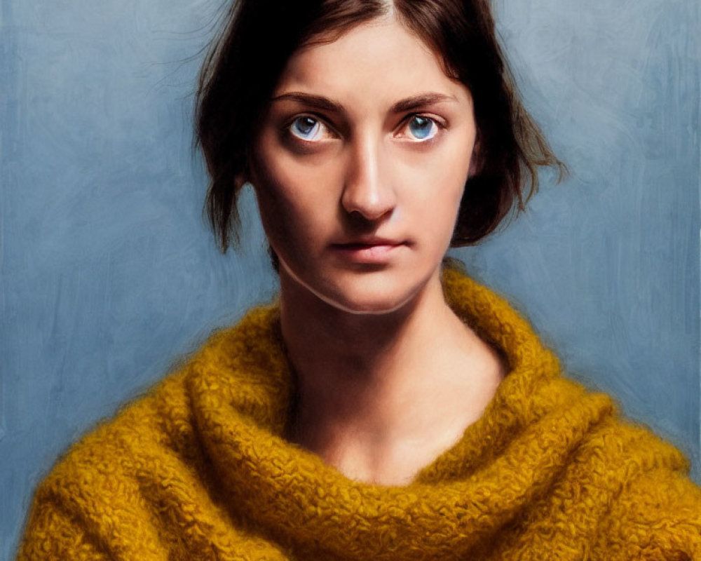 Portrait of person with piercing blue eyes and dark hair in textured yellow sweater on blue backdrop