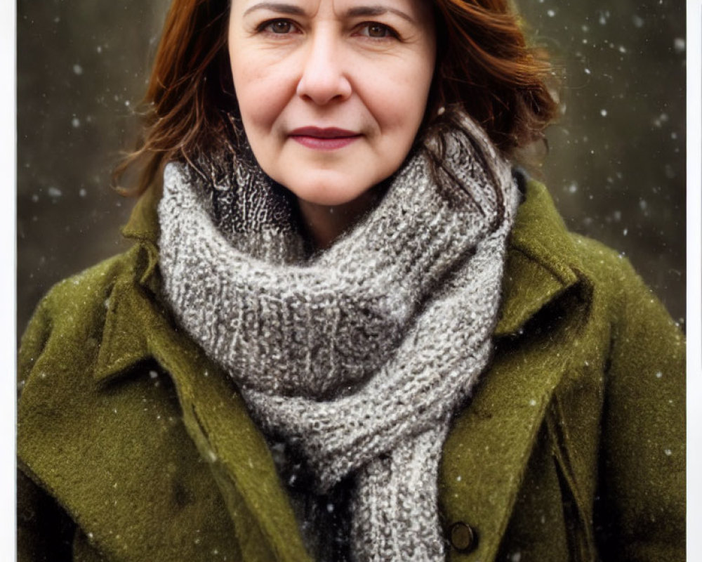 Auburn-Haired Woman in Green Coat and Grey Scarf in Snowy Setting