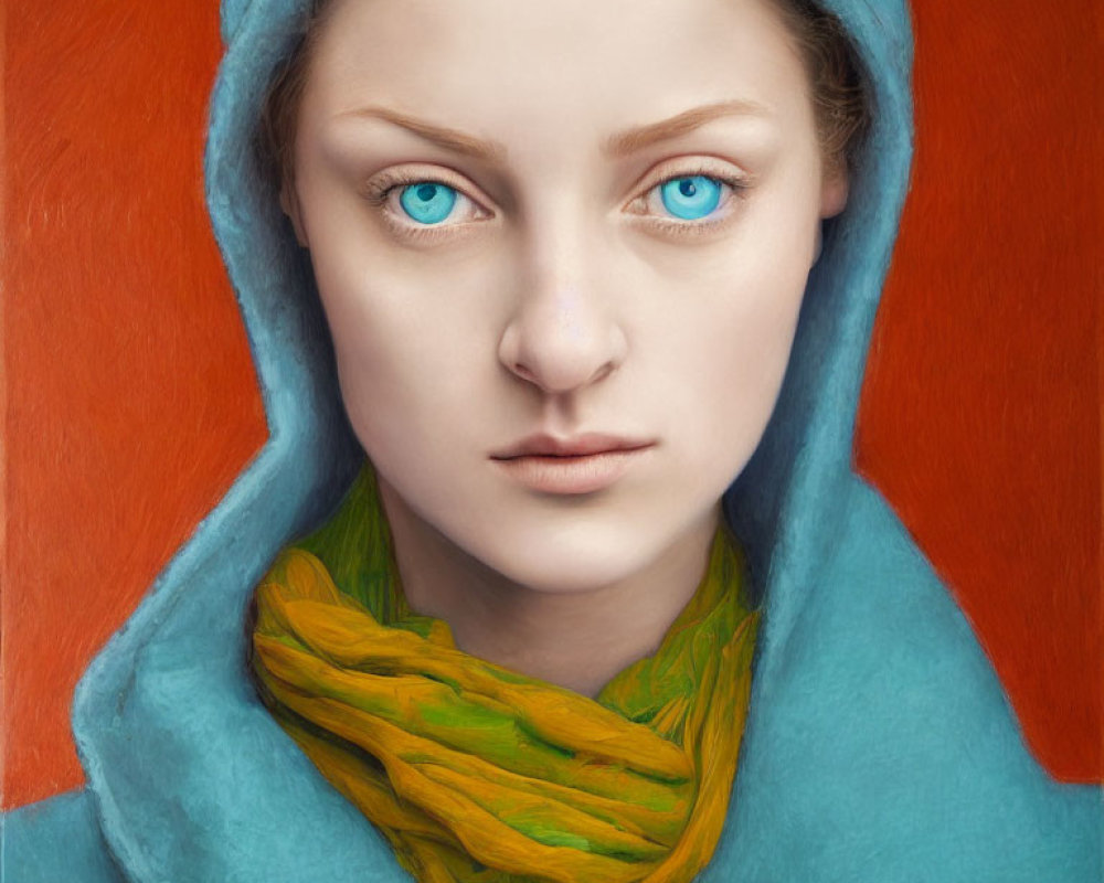 Portrait of Woman with Striking Blue Eyes in Teal Hood and Yellow-Green Scarf