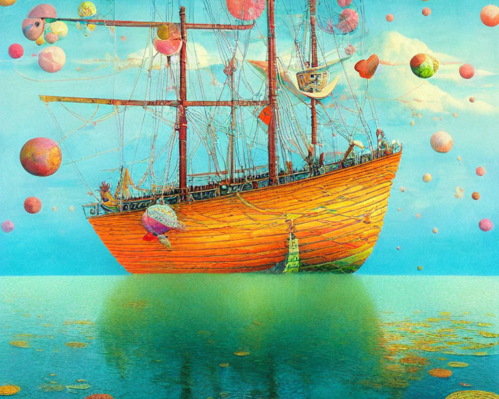 Colorful sailing ship and hot air balloons on serene waters.