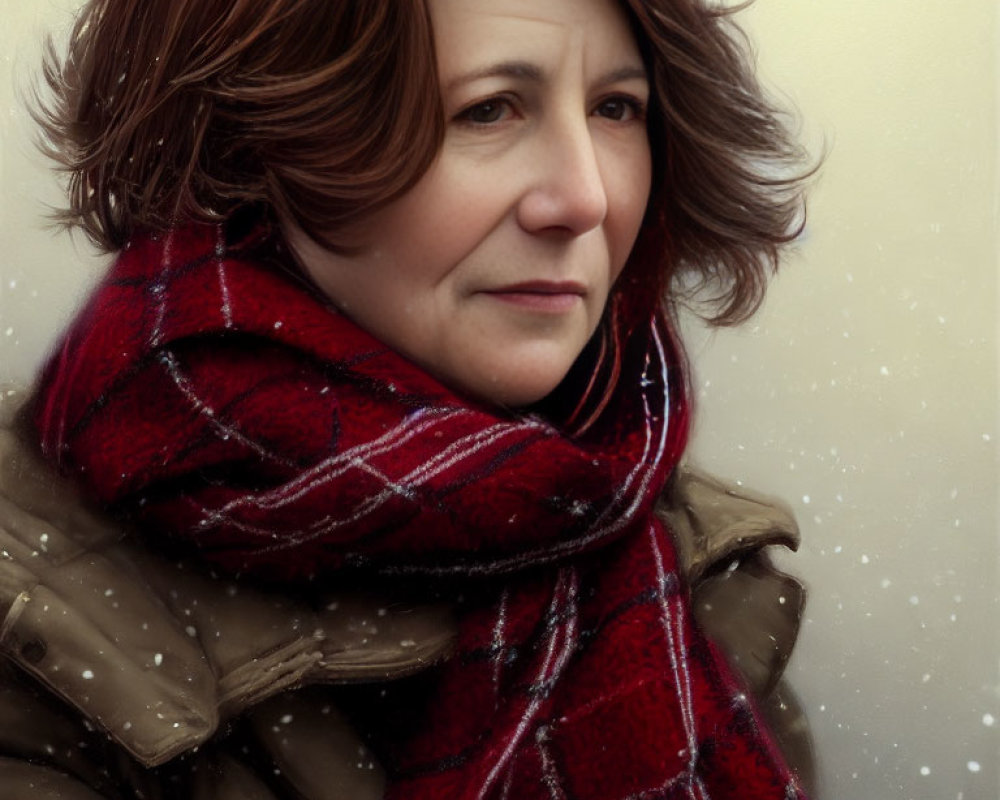 Woman with Short Brown Hair in Red Scarf and Brown Coat Contemplating in Snowy Scene