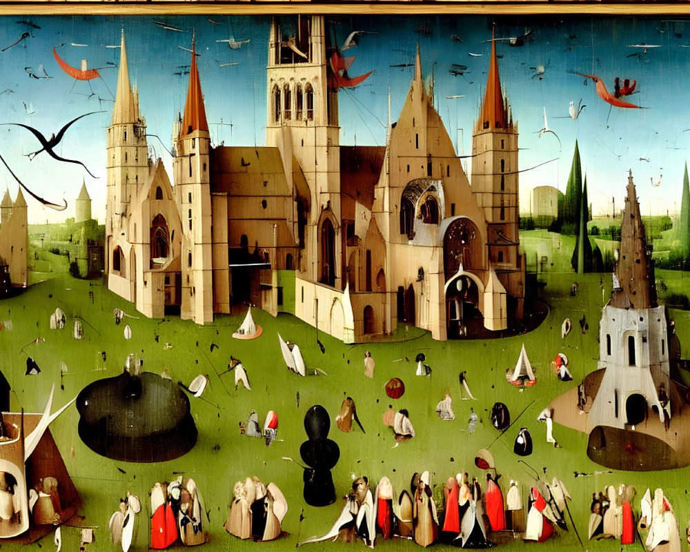 Panoramic medieval painting of bustling landscape with cathedral, people, and birds.