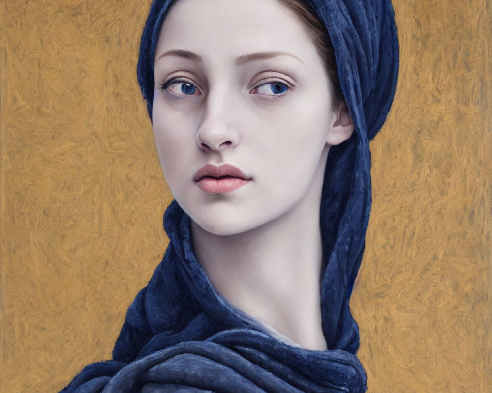 Portrait of Woman with Fair Skin and Blue Headscarf on Ochre Background