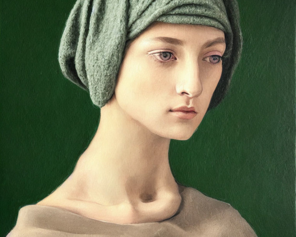 Portrait of person with pale skin, green turban, beige top on green background