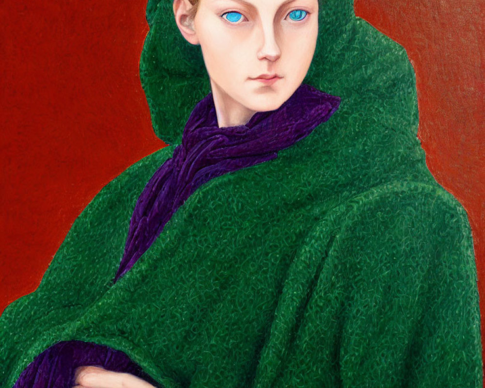 Portrait of a person with blue eyes in green cloak and purple scarf on red background