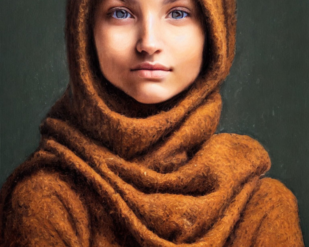 Close-up portrait of person with blue eyes in earthy brown hooded garment on soft fabric against green