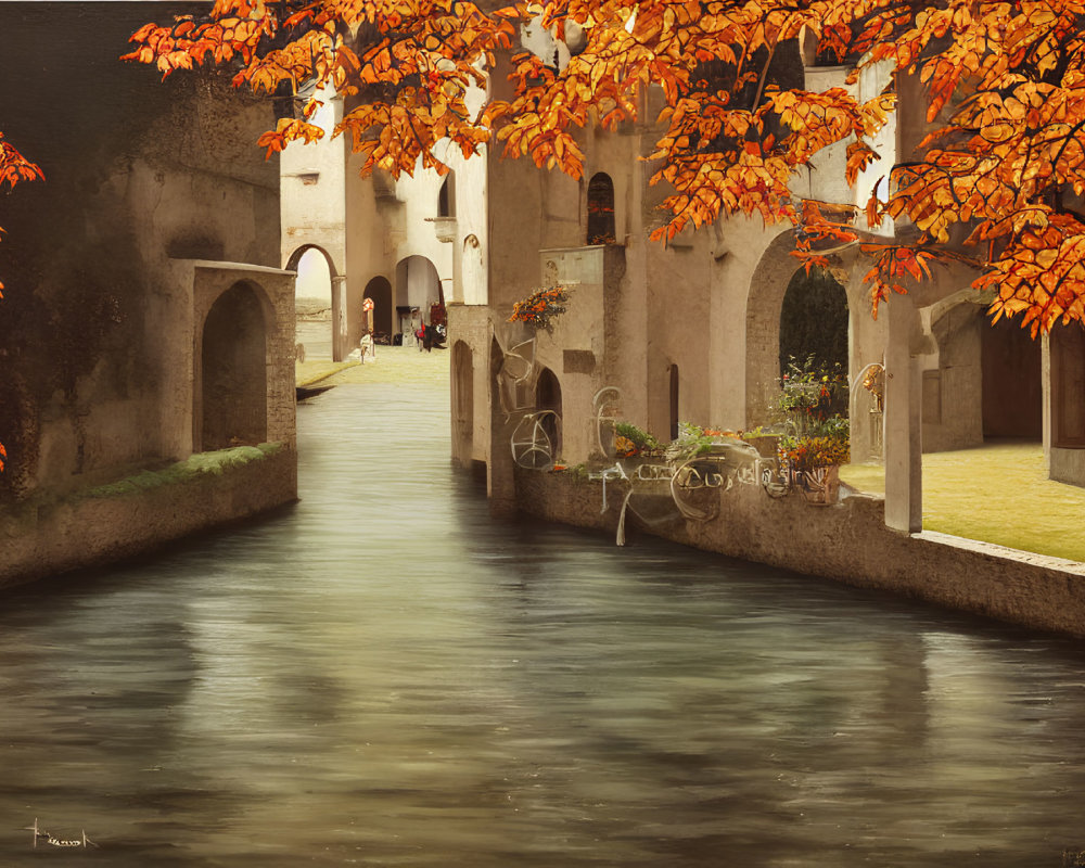 Autumnal canal scene with vibrant foliage and courtyard gathering