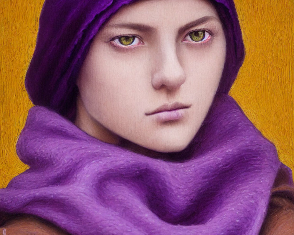 Portrait of a person with green eyes in purple headscarf on golden yellow background
