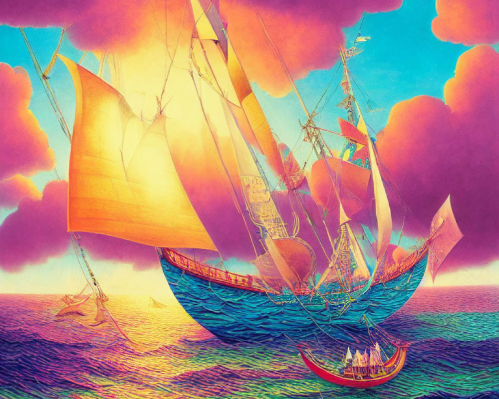 Colorful seascape with sailing ship and purple clouds.