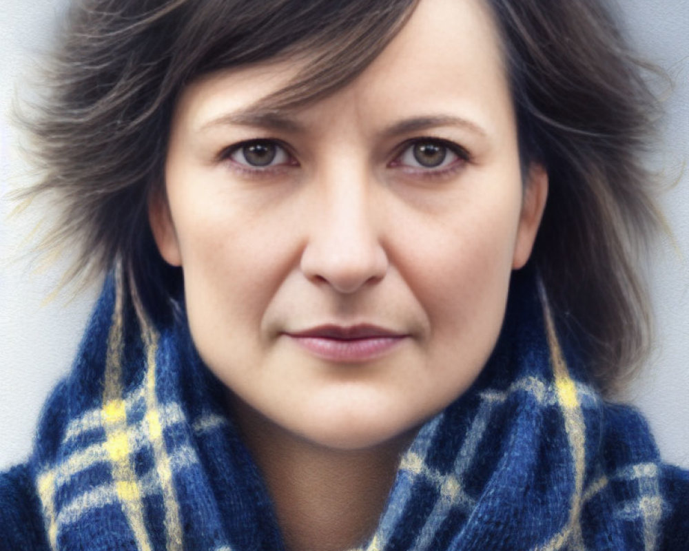 Close-up portrait of woman with medium-length brown hair and serious expression wearing blue and yellow checkered scarf