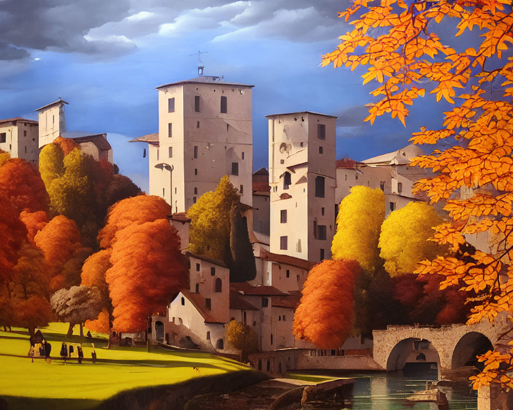 Vibrant autumn landscape with orange trees, historic buildings, river, and bridge.