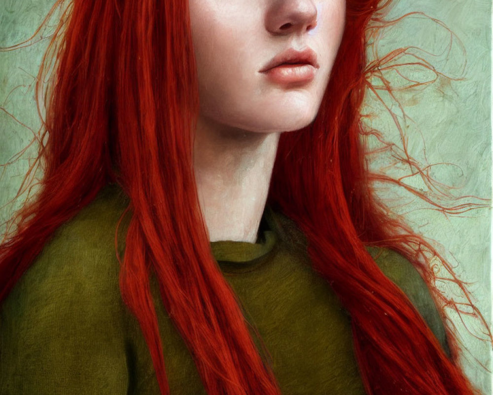 Portrait of person with red hair, fair skin, freckles, green top, and direct gaze