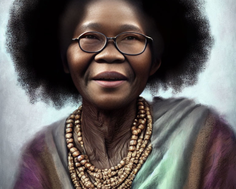 Smiling elderly woman in glasses with wooden bead necklace, multicolored outfit against textured background