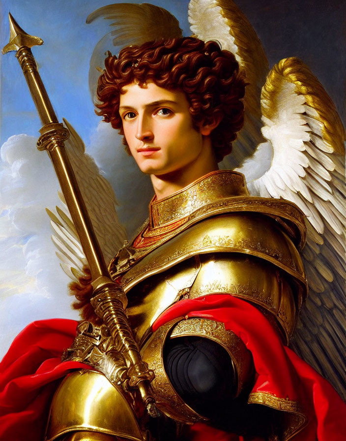 Golden-armored angelic figure with spear and wings, youthful face and curly hair