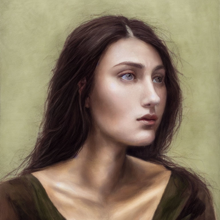 Digital painting of a woman with brown hair and blue eyes on textured green background