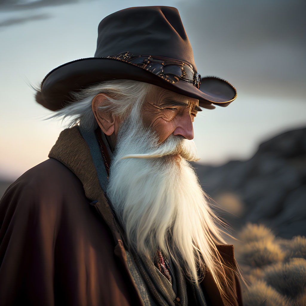 Elderly Man in Cowboy Hat and Coat with Sunset Landscape