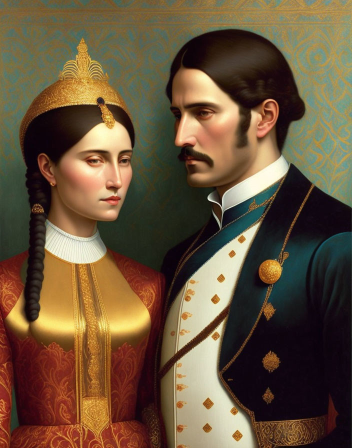 Regal couple in traditional attire with golden headdress and military-style jacket