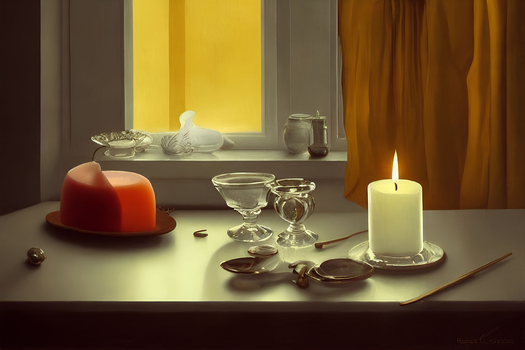 Tranquil still life with candle, spectacles, feather, fruit bowl, and glassware near