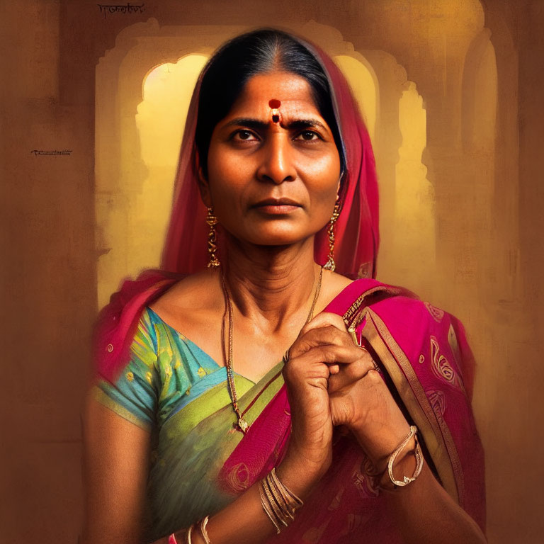 Woman in sari with bindi and nose ring clasping hands