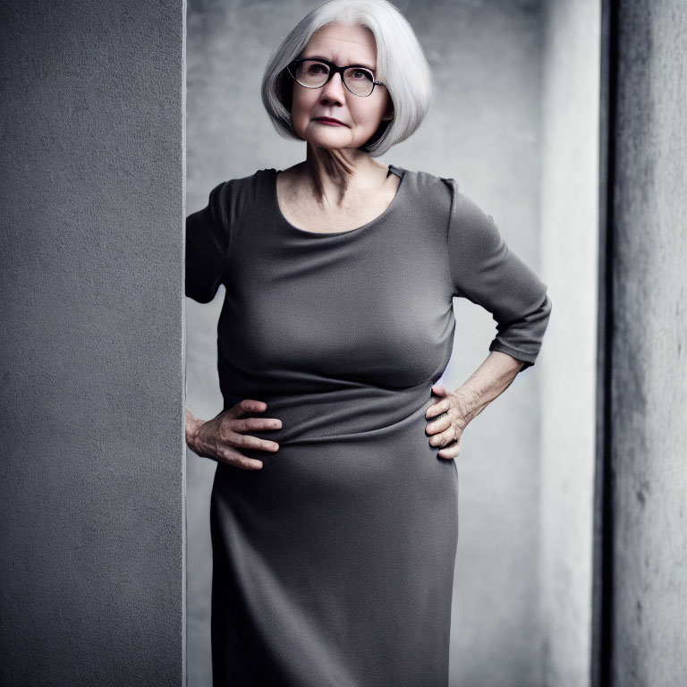 Elderly Woman in White Hair, Glasses, Grey Dress on Grey Background
