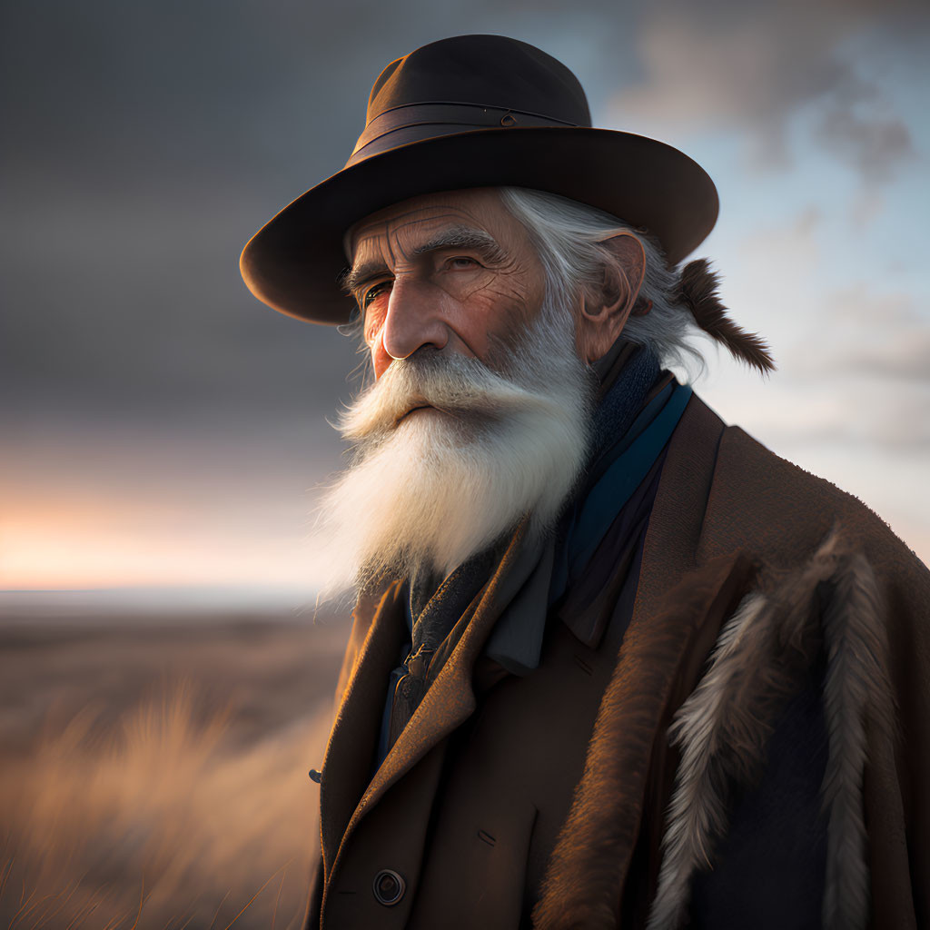 Elderly man with white beard and hat in golden field at sunset