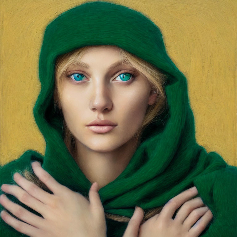 Woman with Striking Blue Eyes in Green Hooded Cloak on Yellow Background