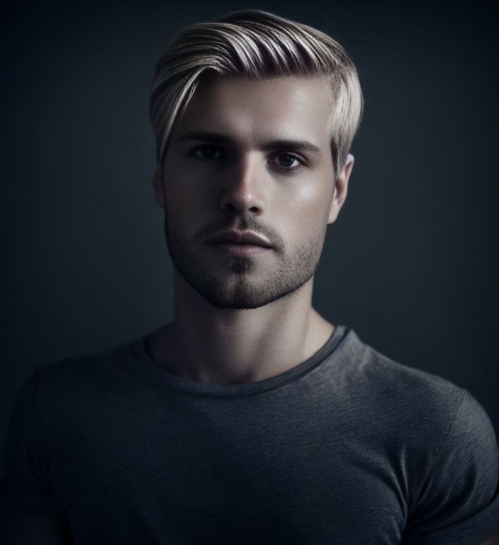 Blond man with short beard in gray T-shirt on dark background