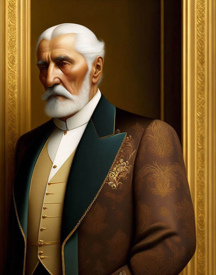 Elderly man with white hair and mustache in formal brown jacket against gold backdrop