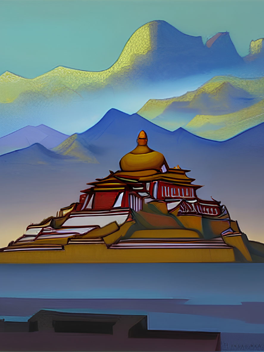 Vibrant digital painting of Asian temple against mountain backdrop