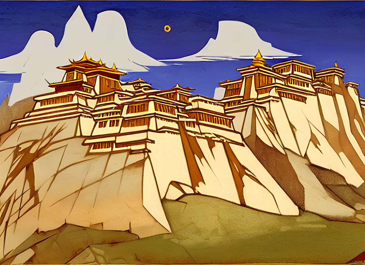 Ancient mountaintop palace with ornate architecture under moonlit sky
