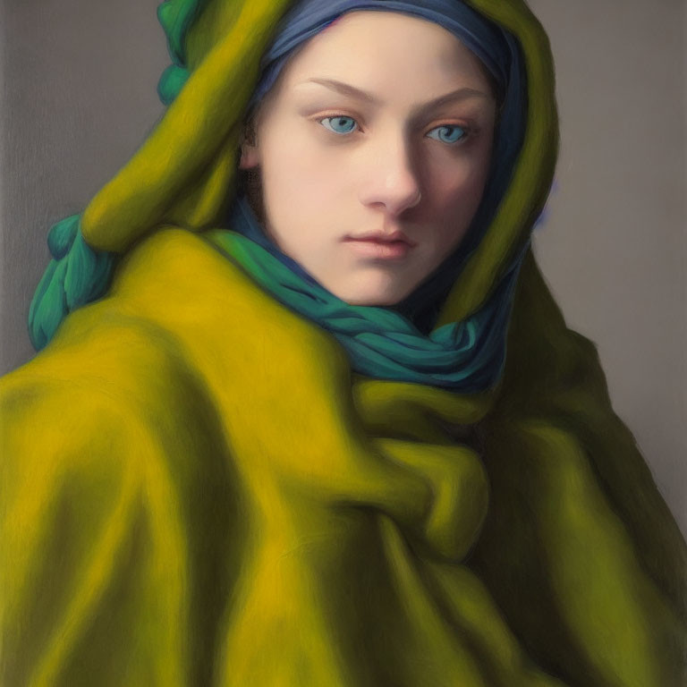 Blue-eyed woman in yellow-green shawl and blue scarf exudes serenity
