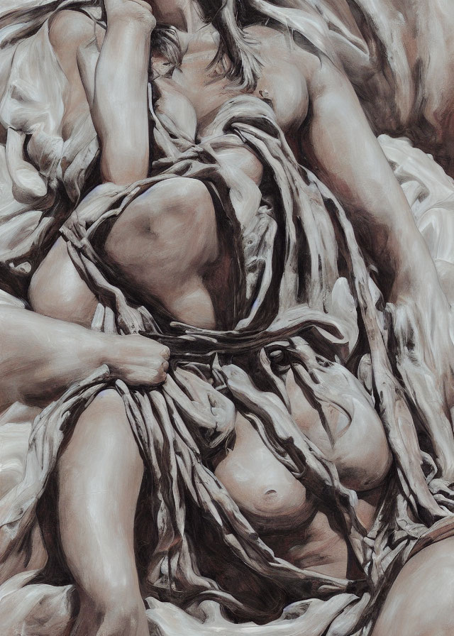 Monochromatic Artwork of Entwined Human Figures with Dynamic Drapery