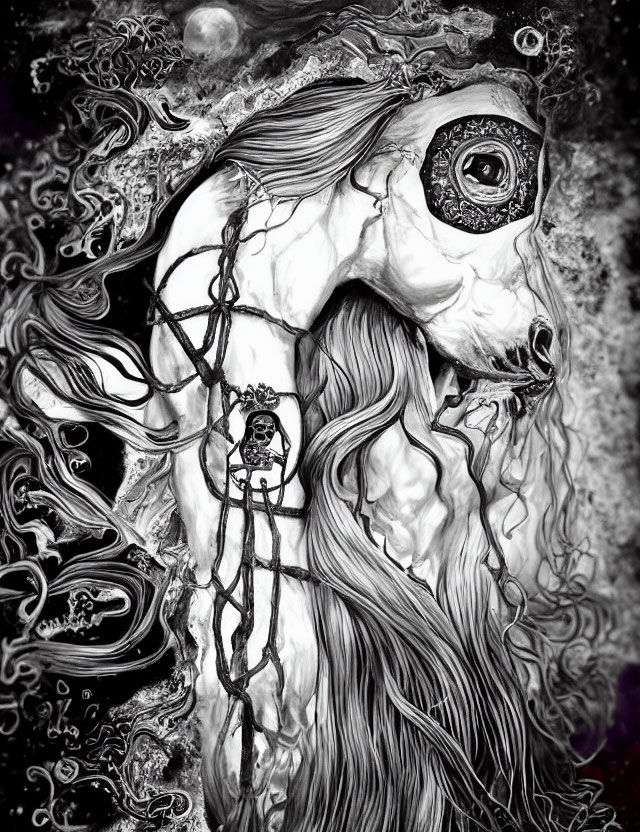 Monochrome mythical horse with intricate designs and swirling patterns