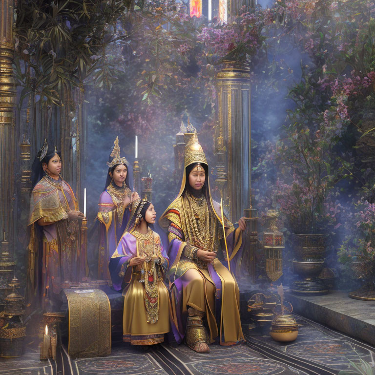 Four individuals in traditional attire in mystical temple setting