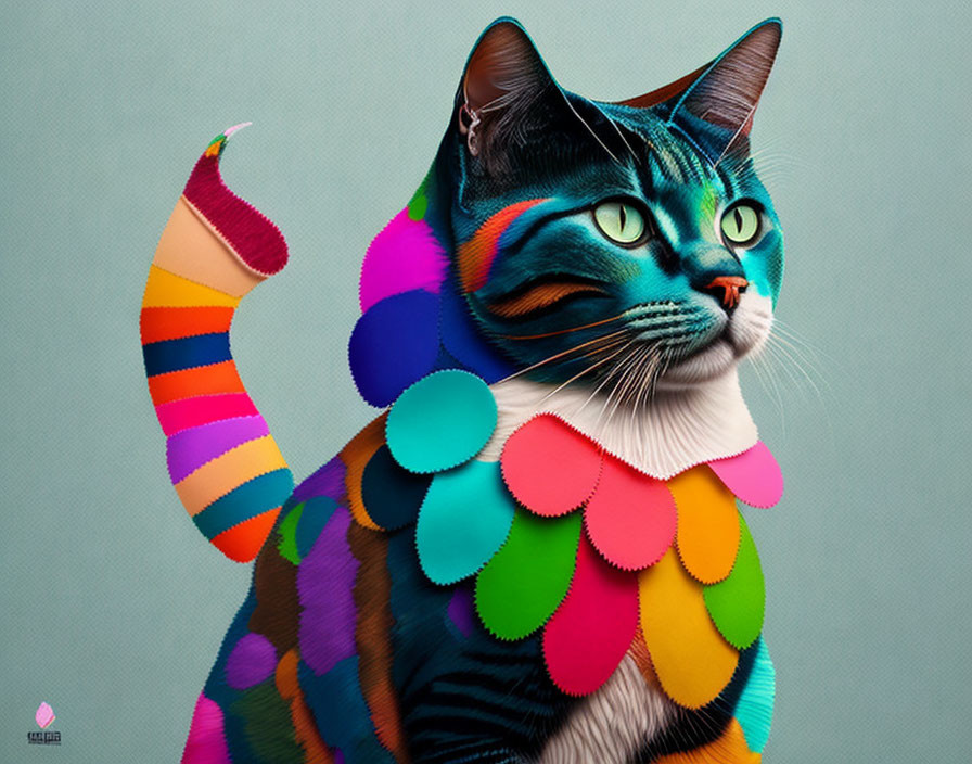 Colorful Cat Artwork with Patterned Body and Green Eyes on Teal Background