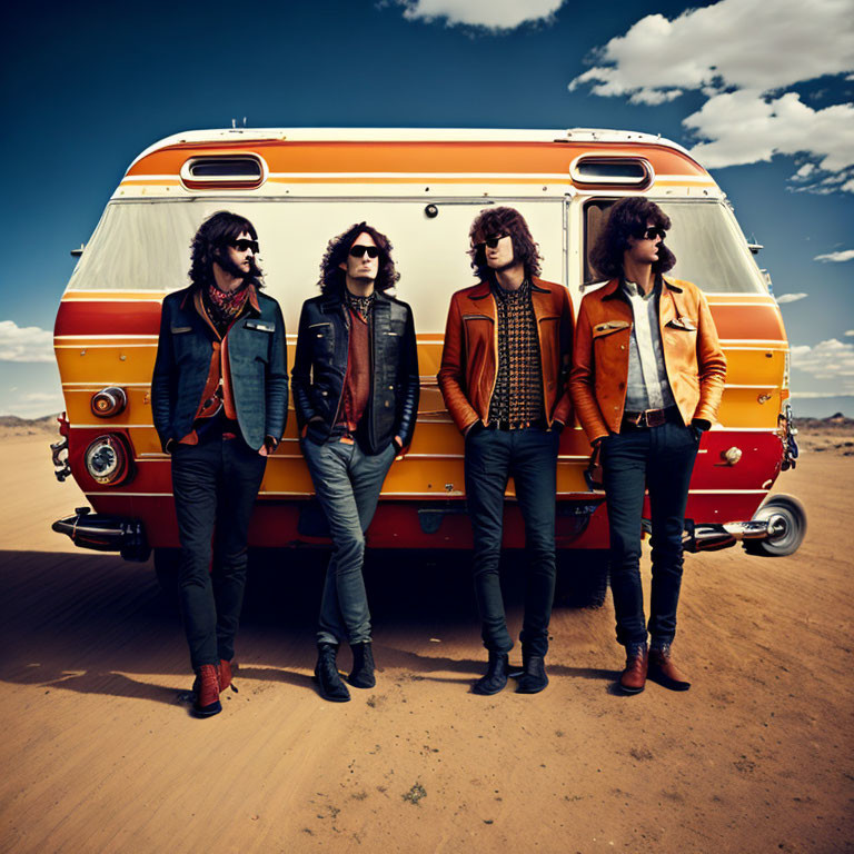 Four people in retro fashion by orange and white van in desert scenery
