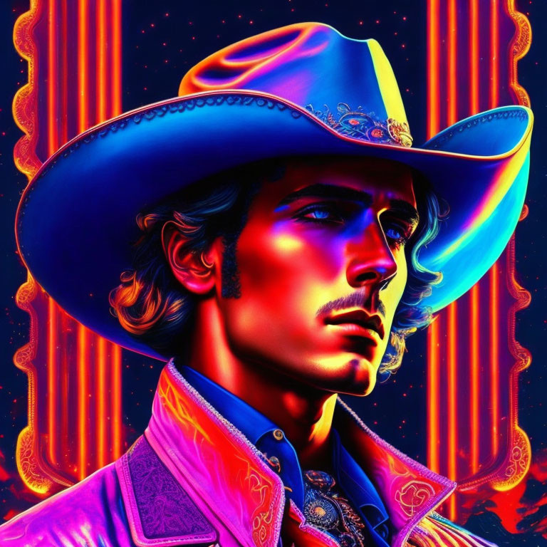 Colorful portrait of a man in a cowboy hat with a psychedelic, neon-like aesthetic
