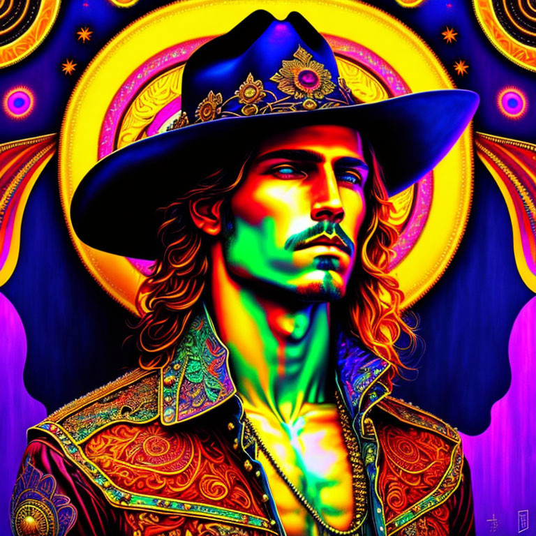 Colorful Psychedelic Cowboy Hat Portrait with Neon Background