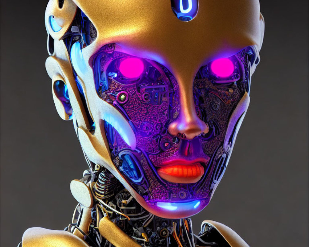 Detailed Close-Up of Futuristic Humanoid Robot with Golden Head and Glowing Red Eyes