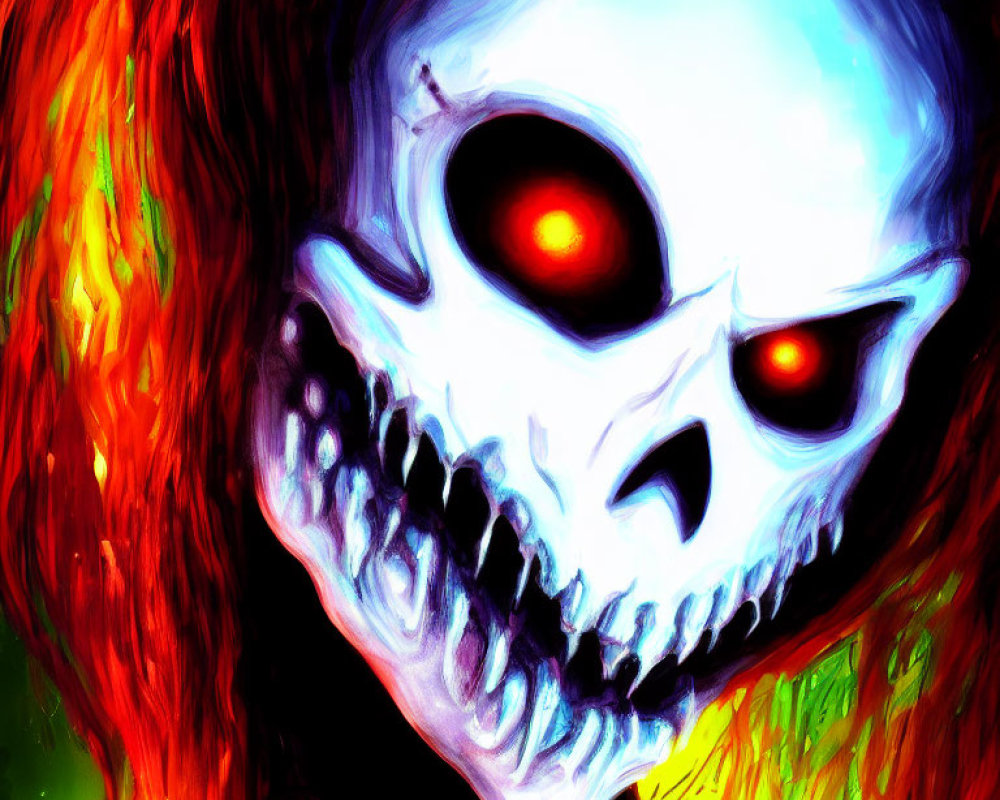 Digital Art: Skull with Glowing Red Eyes on Fiery Background