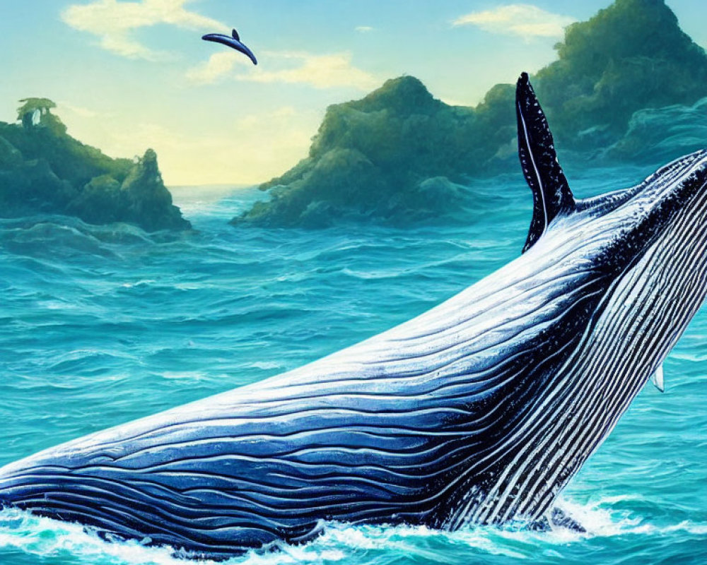 Humpback whale breaching near tropical islands with bird soaring overhead