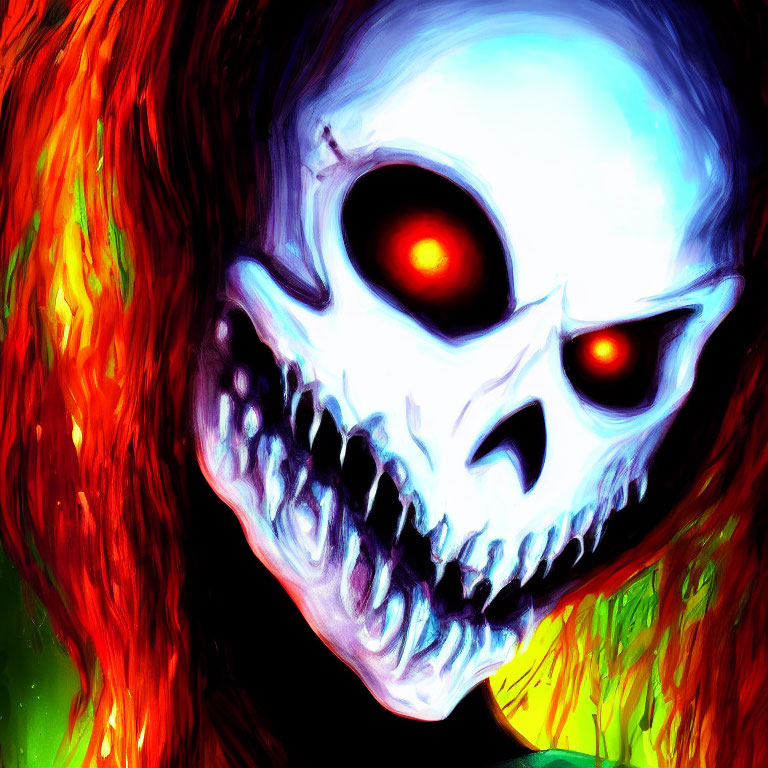 Digital Art: Skull with Glowing Red Eyes on Fiery Background